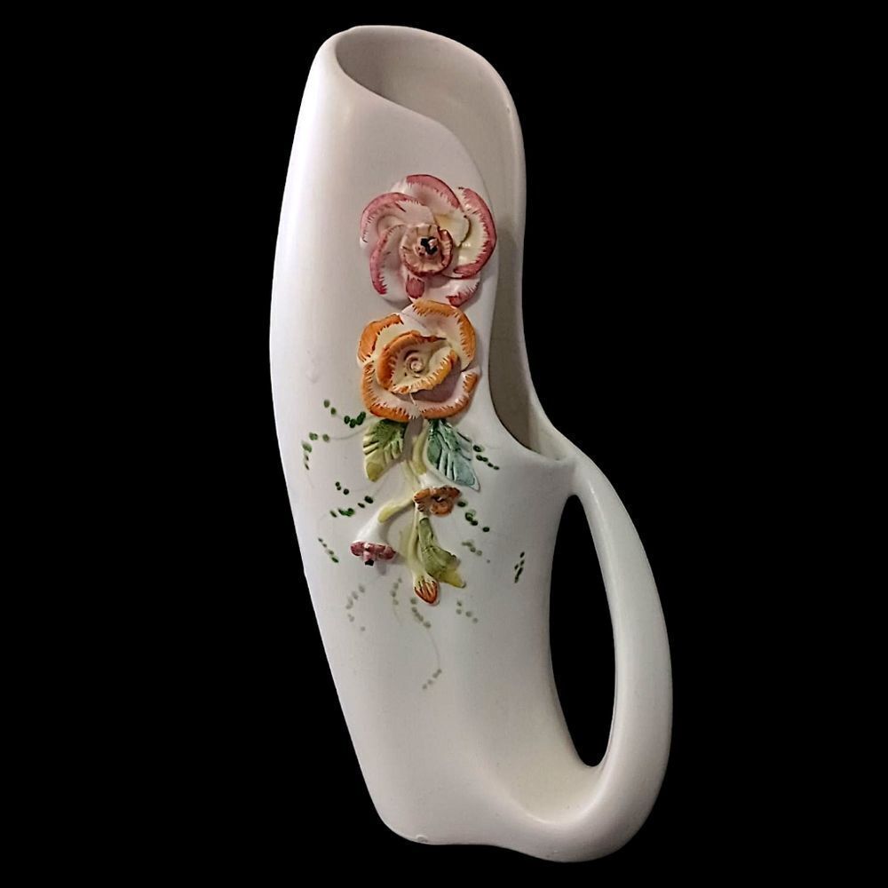 Vtg Applied Flowers Porcelain Vase Pitcher Abstract Handpainted Art Deco Nouveau